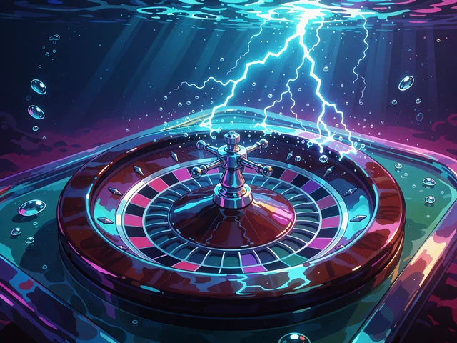 Koło ruletki na szklanym stole i błyskawice nad wodą - miniatura gry live Lightning Roulette