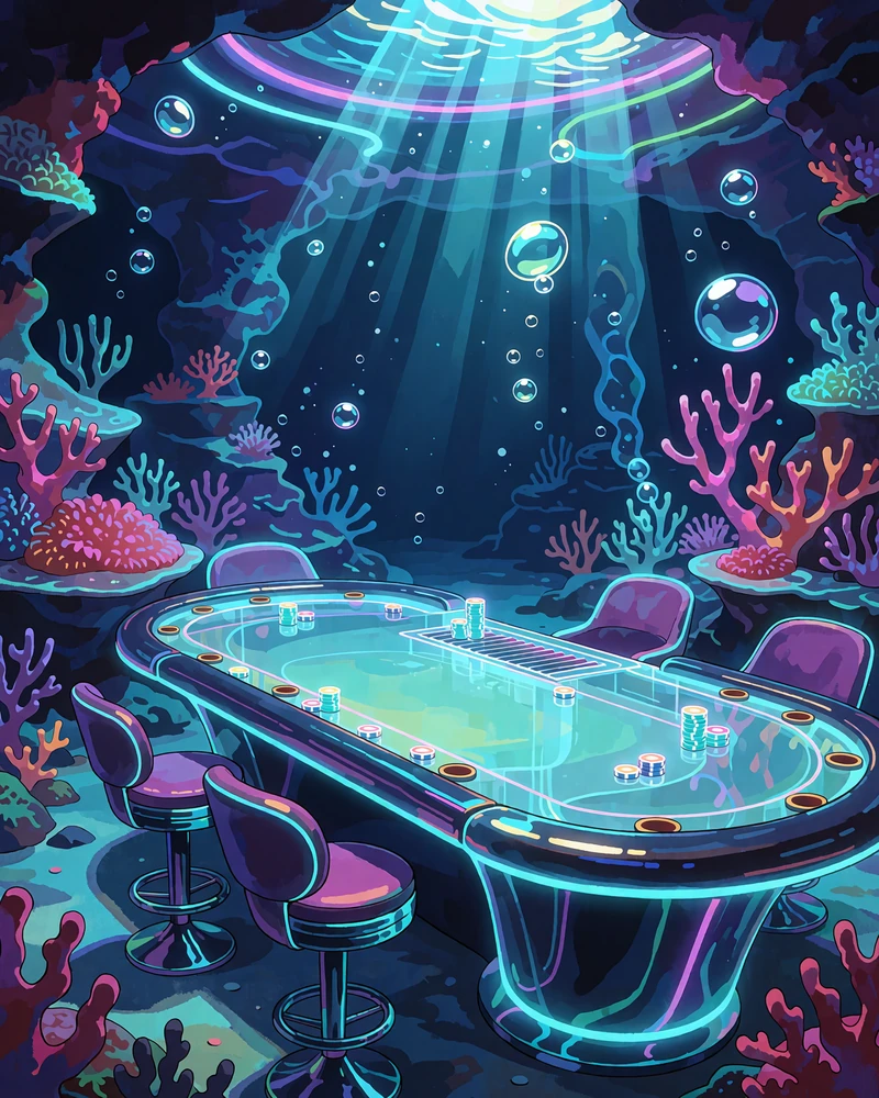 Świecący szklany st&oacute;ł kasynowy z żetonami w koralowej grocie - kasyno live w Fugu Casino