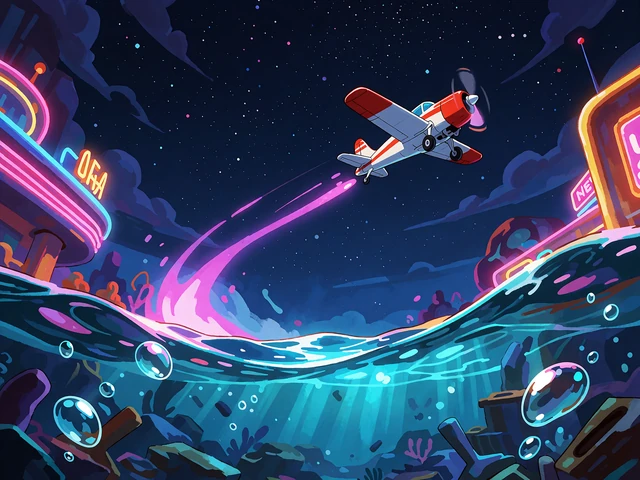Czerwono-biały samolot wznoszący się nad taflą oceanu i świetlna krzywa - miniatura gry crash Aviator